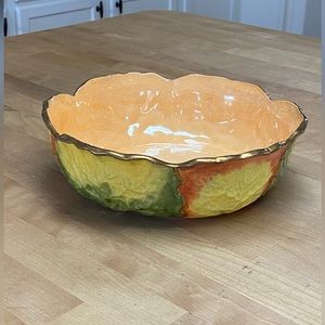Vintage 1935 ceramic Cabbage Leaf Bowl made in Japan green yellow signed MCM